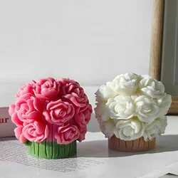 Rose Basket Pillar Handmade Aroma Candle Plaster Silicone Mould Soap Making Supplies 3D Valentine's Rose Bouquet Mold