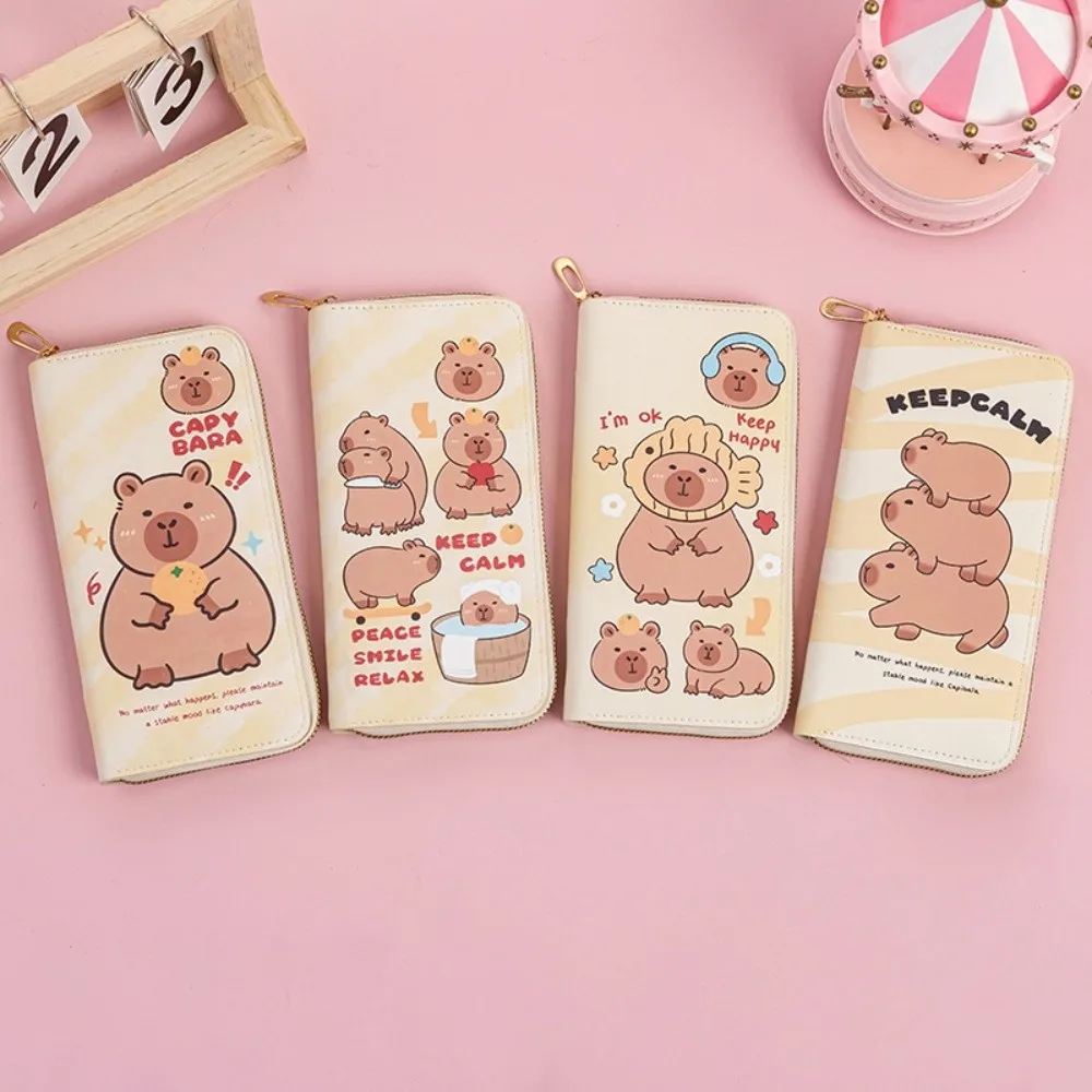 Nueva cartera larga de capibara de dibujos animados, tarjetero de cuero PU impermeable con cremallera, tarjetero multicapa para mujer