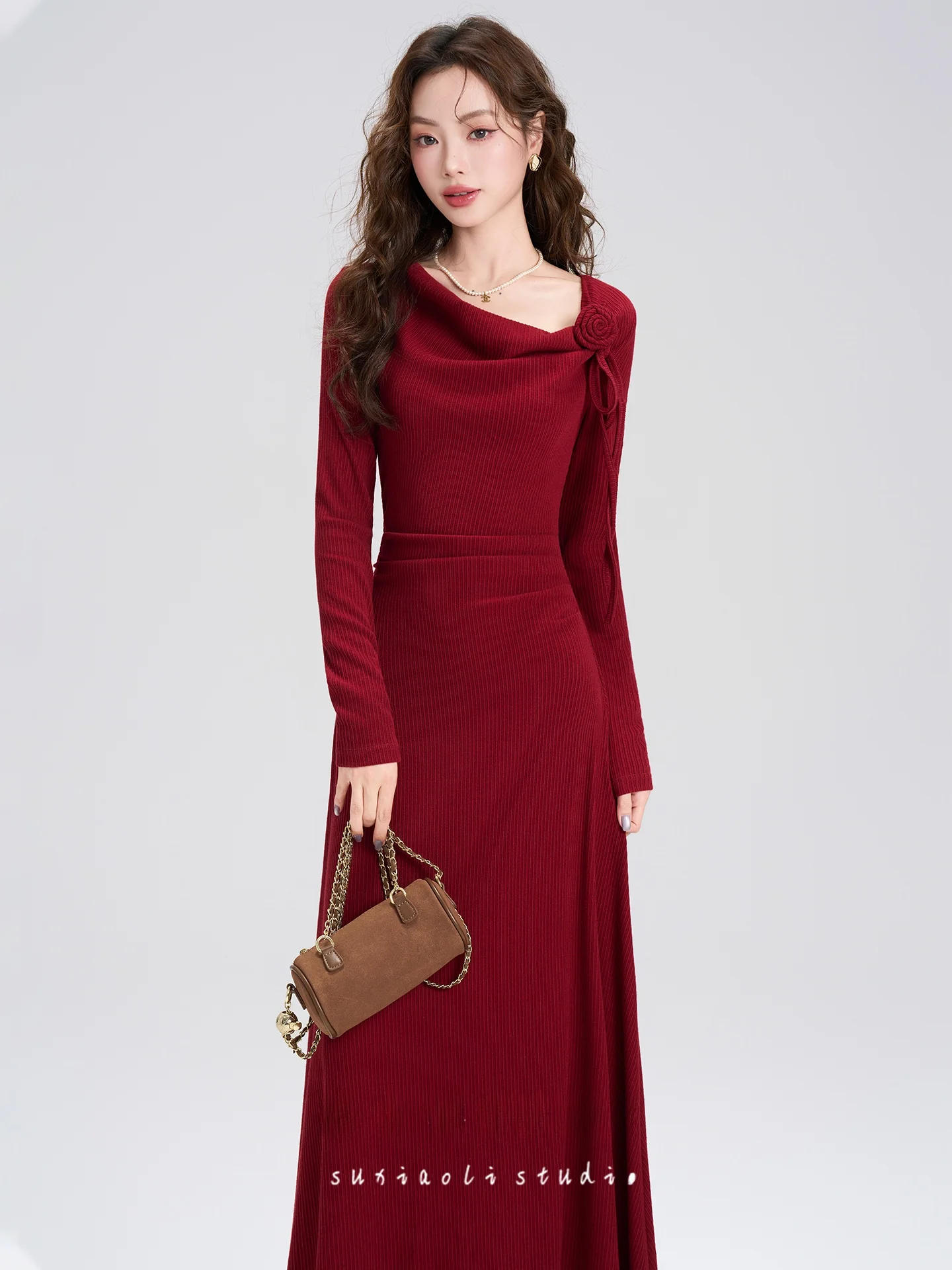 

Spring New Sle Long Sve Knitted Slim Fit Dr Red Wedding Dr for Women High Waist A-Line Skirt French Sle Dr
