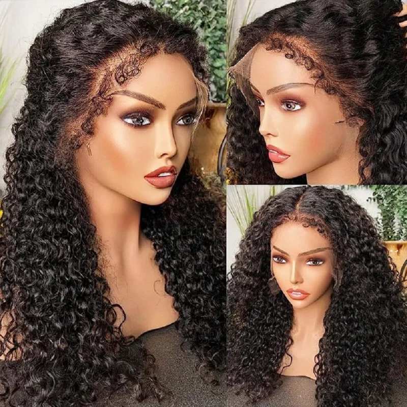

180 Density Soft Black Long 26 inch PrePlucked Deep Part Glueless Kinky Curly Lace Front Wigs For African Women Babyhair Daily