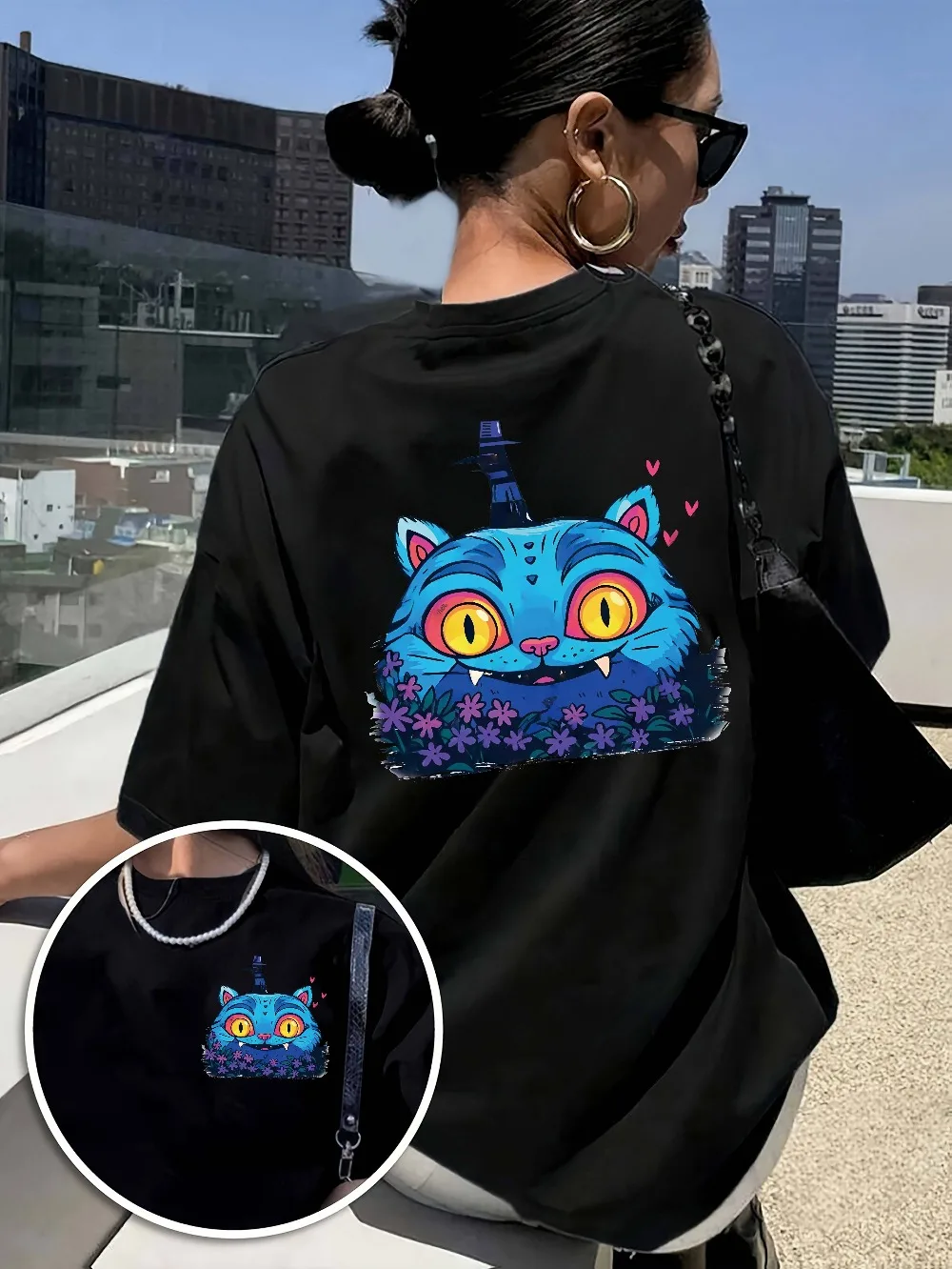 

Женская футболка Kpop Huntrx с графическим принтом, милый Chibi Cat Kpop Group Design, летний топ с заниженными плечами и короткими рукавами, круглым вырезом