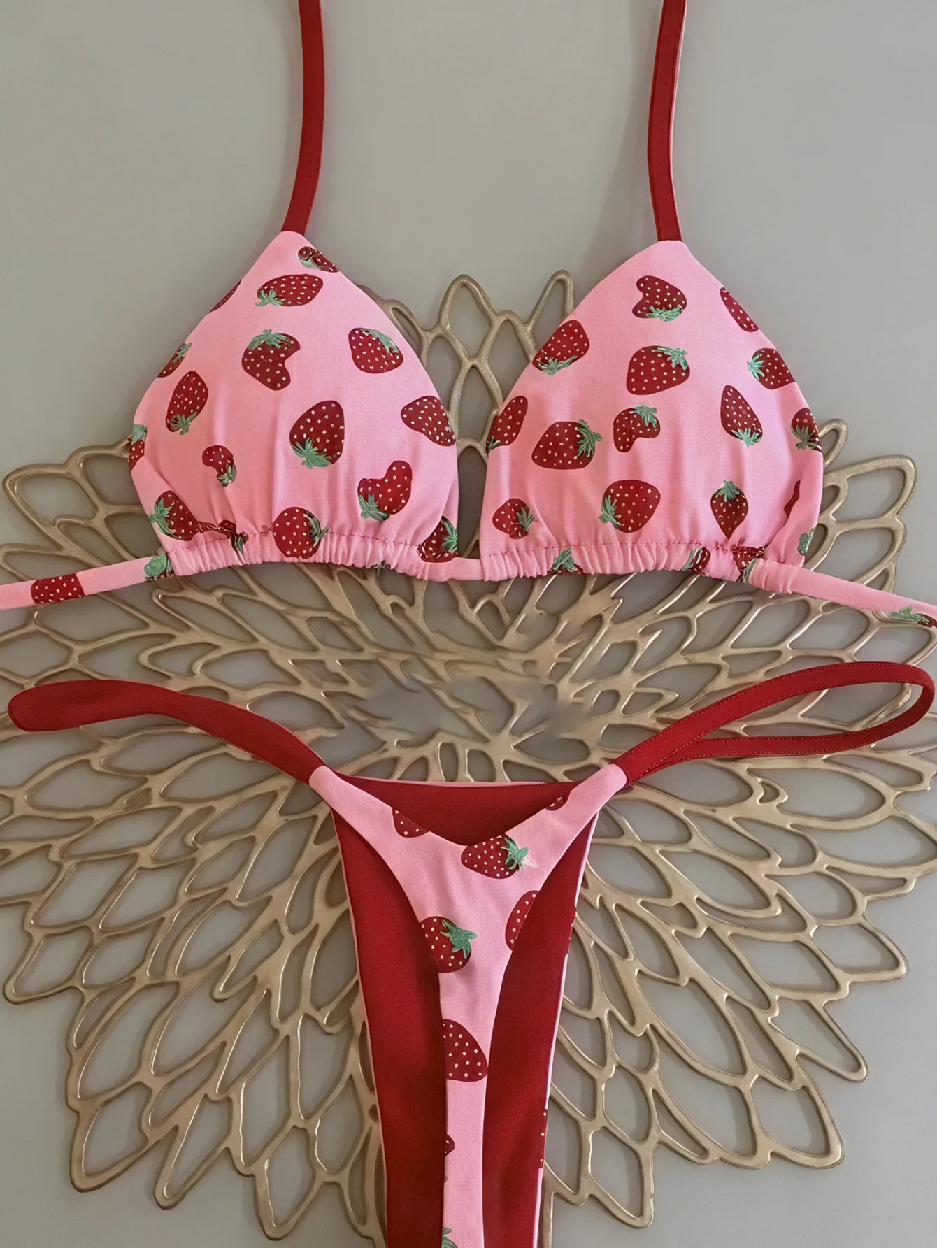 Sexy Kirschdruck Dreieck Brasilianischer Bikini Push Up Badeanzug 2-teiliger String Bandage Bikinis Bademode Damen Tanga Badeanzug