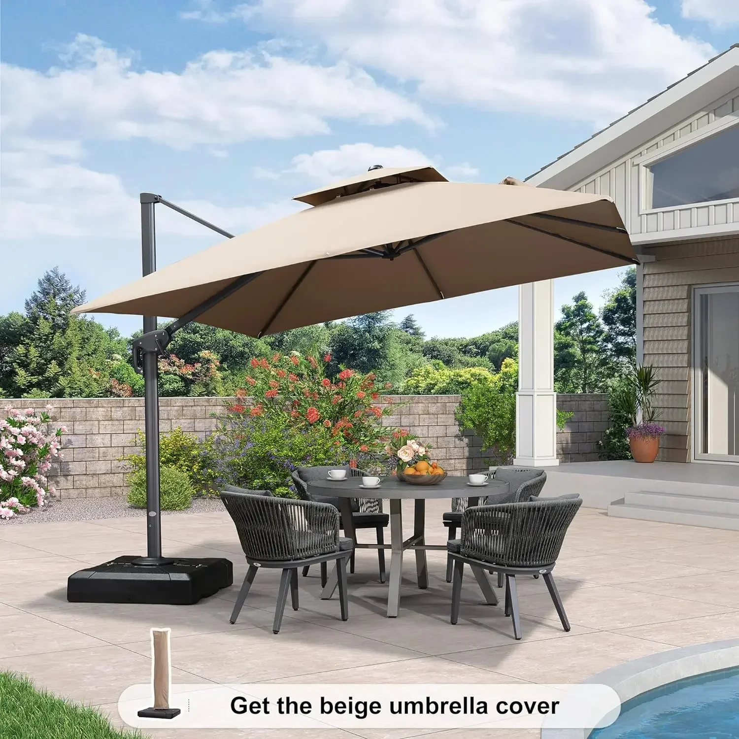 Outdoor Umbrella with Base Patio Umbrella Hanging Double Top Square Offset Umbrella with 360°Rotation Tilting