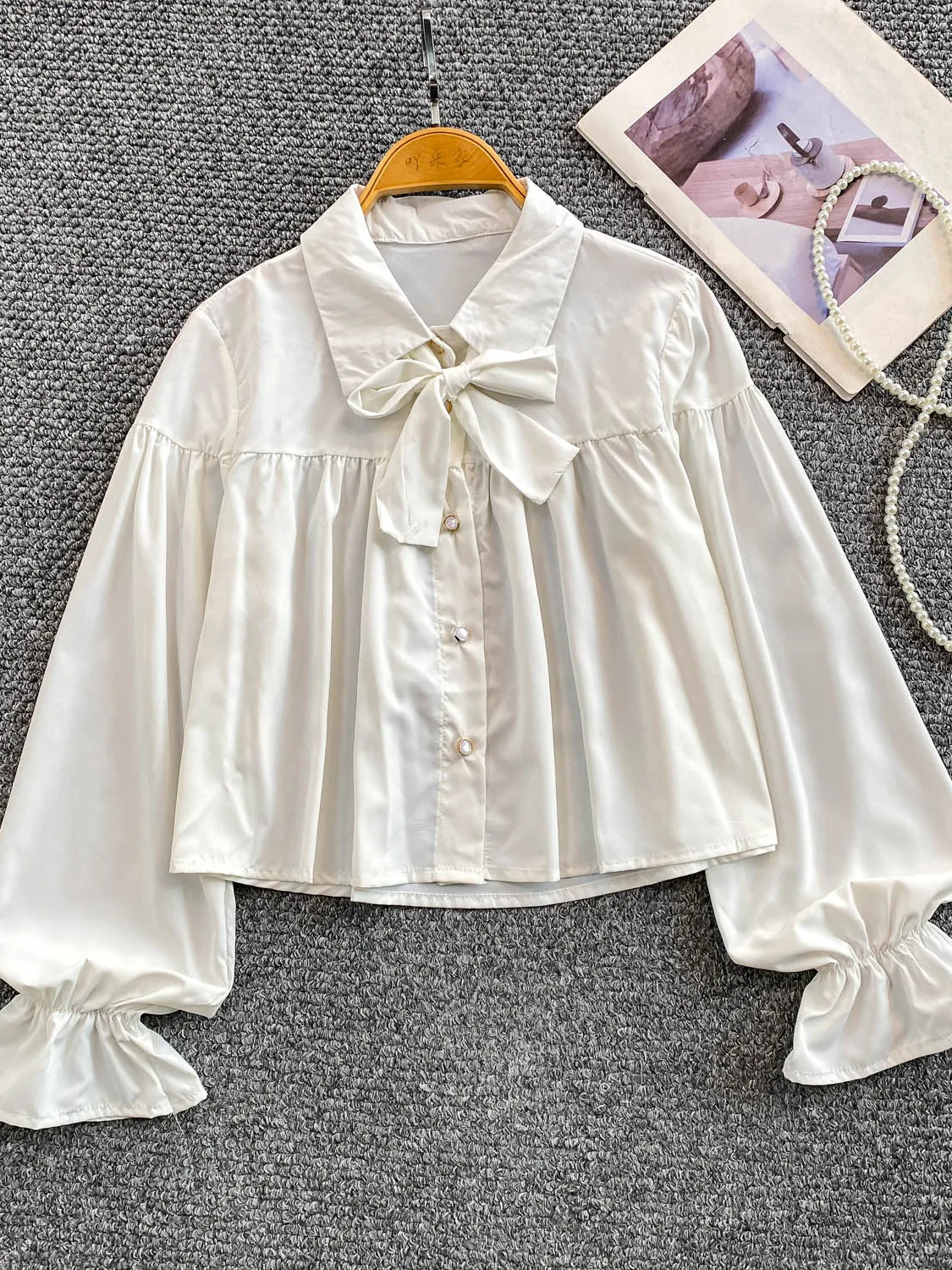 

Ele Knot Turn-down Collar Flared Sve irt Women's Loose Sun Protection Top Faionable Korean Sle Autumn ...