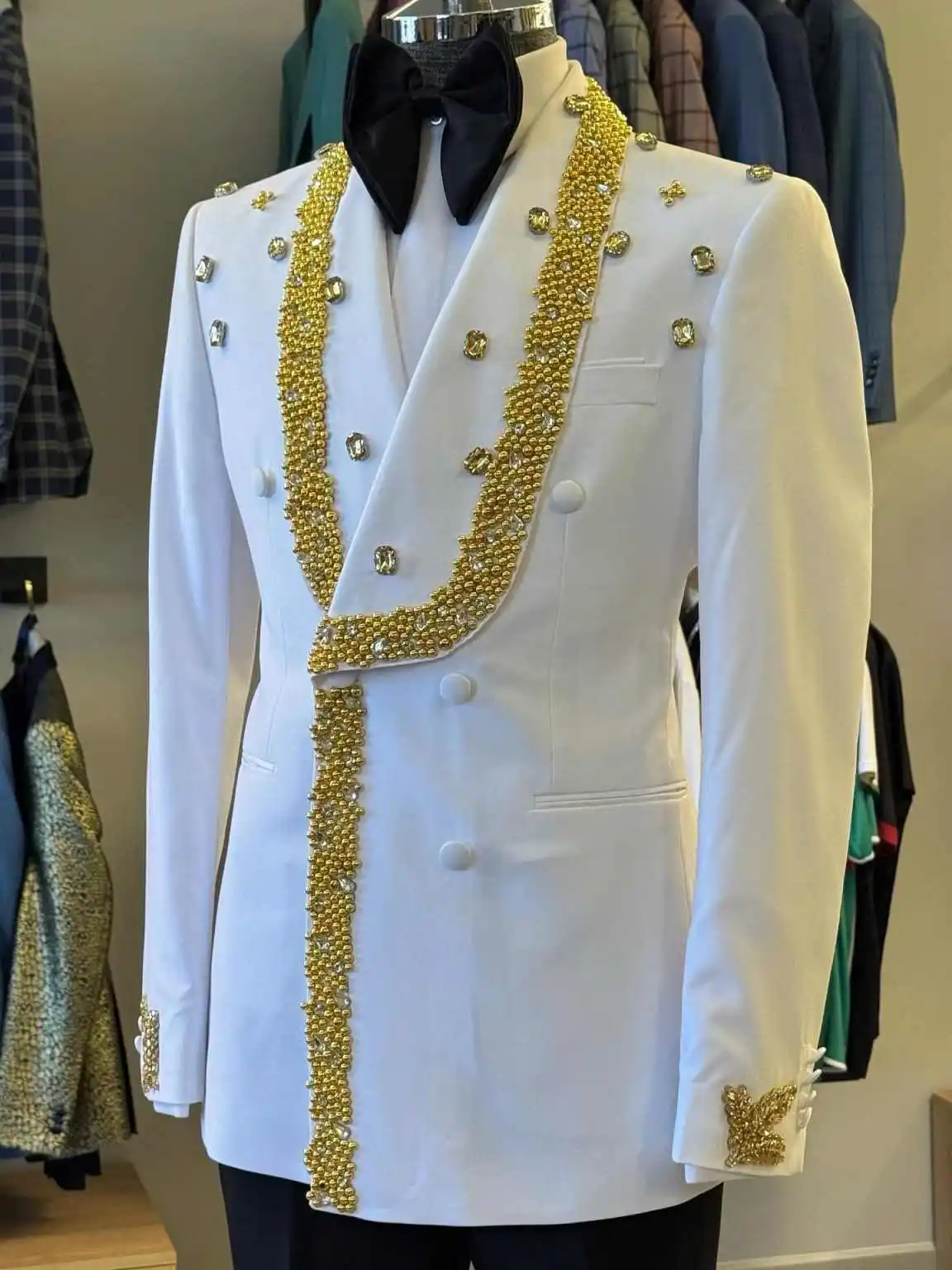 Ensemble de costumes pour hommes, cristaux exquis, Vintage, châle, revers, perles, Tuxedos, garçons d'honneur de mariage, veste à Double boutonnage, 1 pièce personnalisée