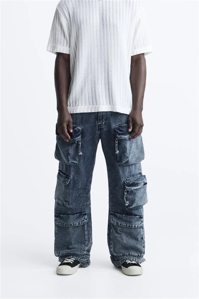 2023 New Style Men's And Women's Loose Long Denim Jeans Multiple Pockets Trendy Individual Wasteland Style Modern Wind