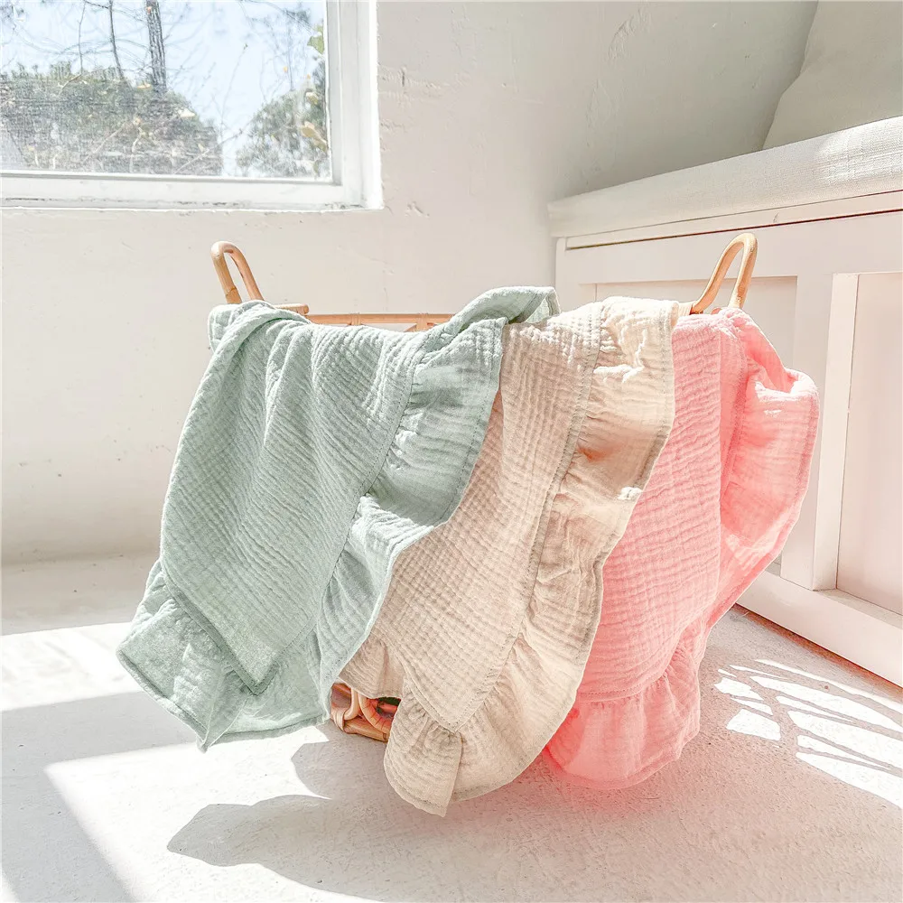 Crinkle 100% Cotton Muslin Swaddle Ruffle Burp Cloths Babi Bath Towel Baby Throw Blanket