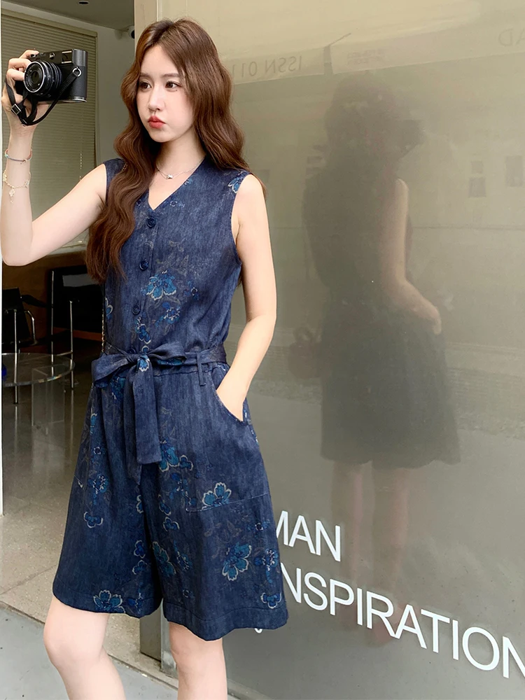 Mono vaquero azul V-Ne Svel para mujer, Faion de verano, holgado, de pierna ancha, con bordado Retro Sle hine