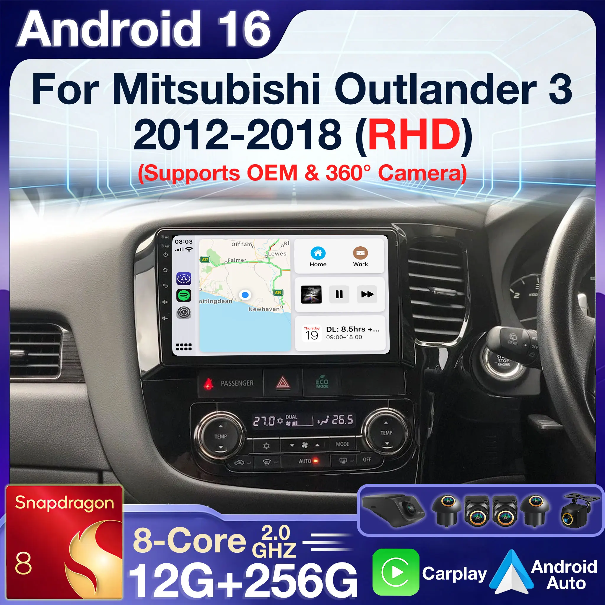 Android 16 Autoradio For Mitsubishi Outlander 3 GF0W GG0W 2012-2018 RHD Stereo Wireless CarPlay Auto GPS Navigation 360 Camera