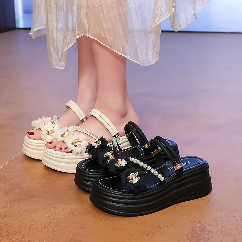 

2026 Women's Pink Crystal Flower Platform Slides Wedge High Heel Summer Slippers Comfortable Shoes