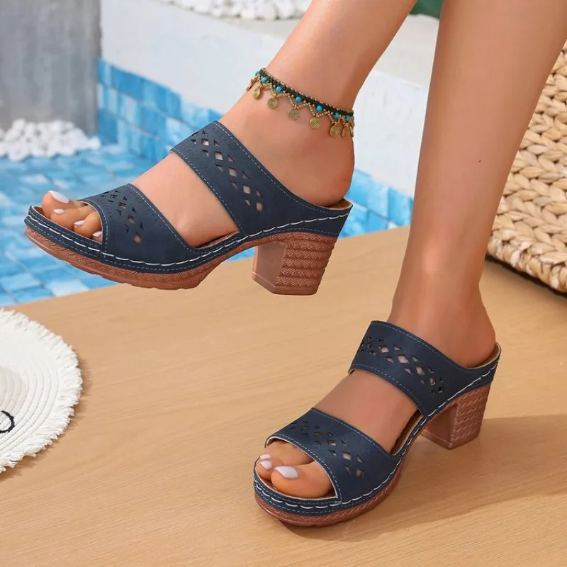 Retro Hollow Out Thick-Heeled Sandals Women Summer Lightweight High Heels Slippers Woman Plus Size Outdoor Platform Sandles 43