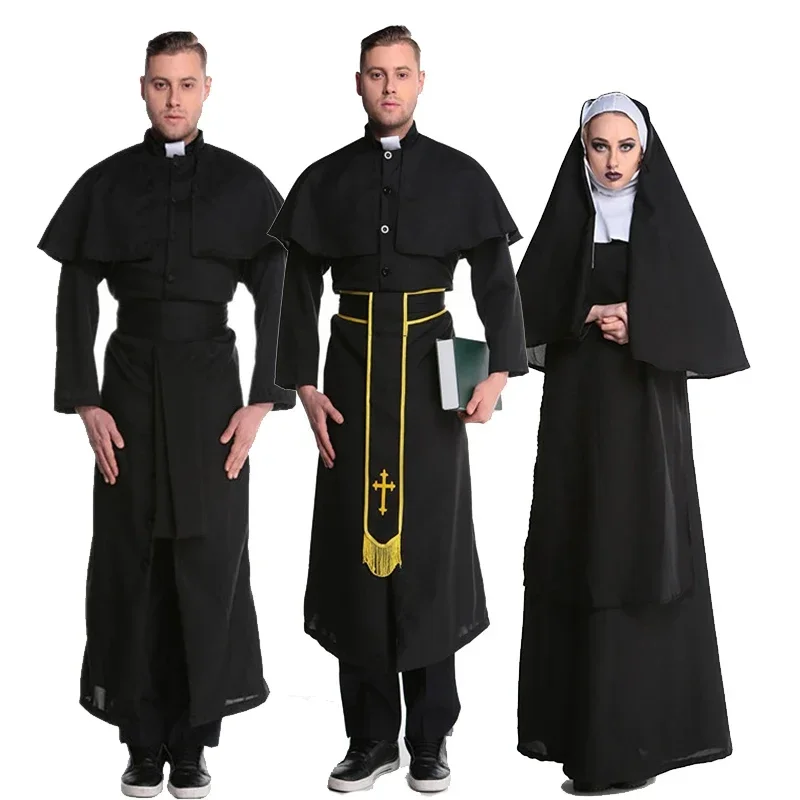 Couple Priest Nun Habit Costume Traditional  Medieval Religious Outfit Cosplay Fancy Party Dress Carnival Halloween