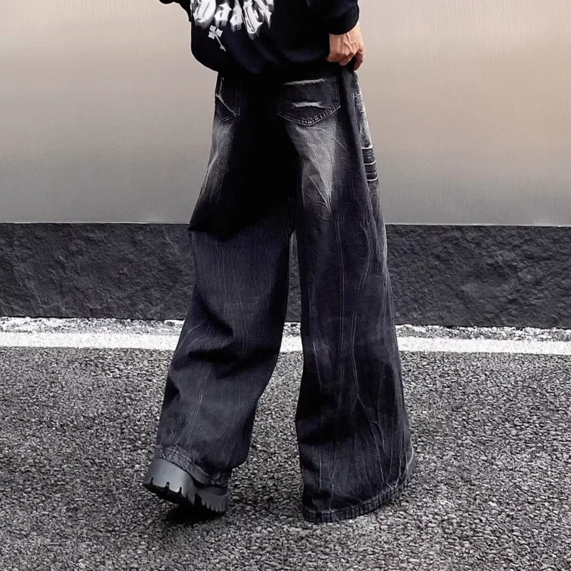 Vintage American Style Wide-Leg Jeans With Lightning Bolt Design Sensibility Bell Bottoms Casual Loose Fit Denim Pants