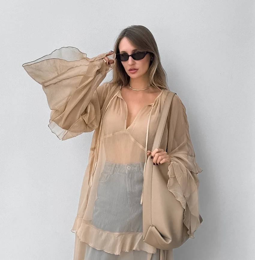 Khaki autumn and winter new ruffle edge dress 2024 European and American fashion sunscreen cover