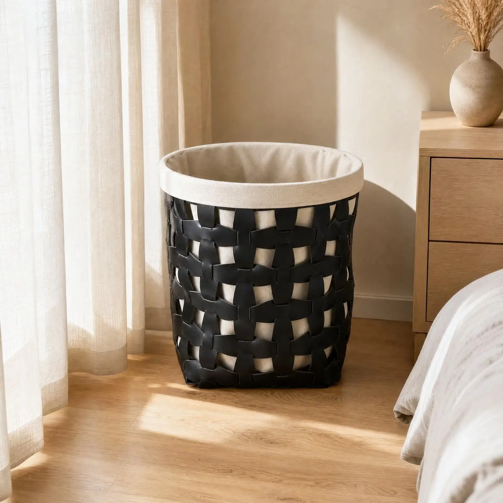 White Laundry Basket with Leather Woven Texture Linen Lining Tall Cylinder Storage Hamper for Bedroom Bathroom Organization