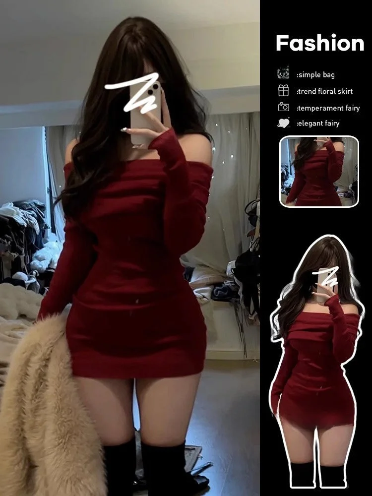 

Red Spicy Girl One-oulder Knitted Dr Women's Sexy Waist-Cinching Slimming ort Skirt Ciwalk X-ape Spring Autumn Winter