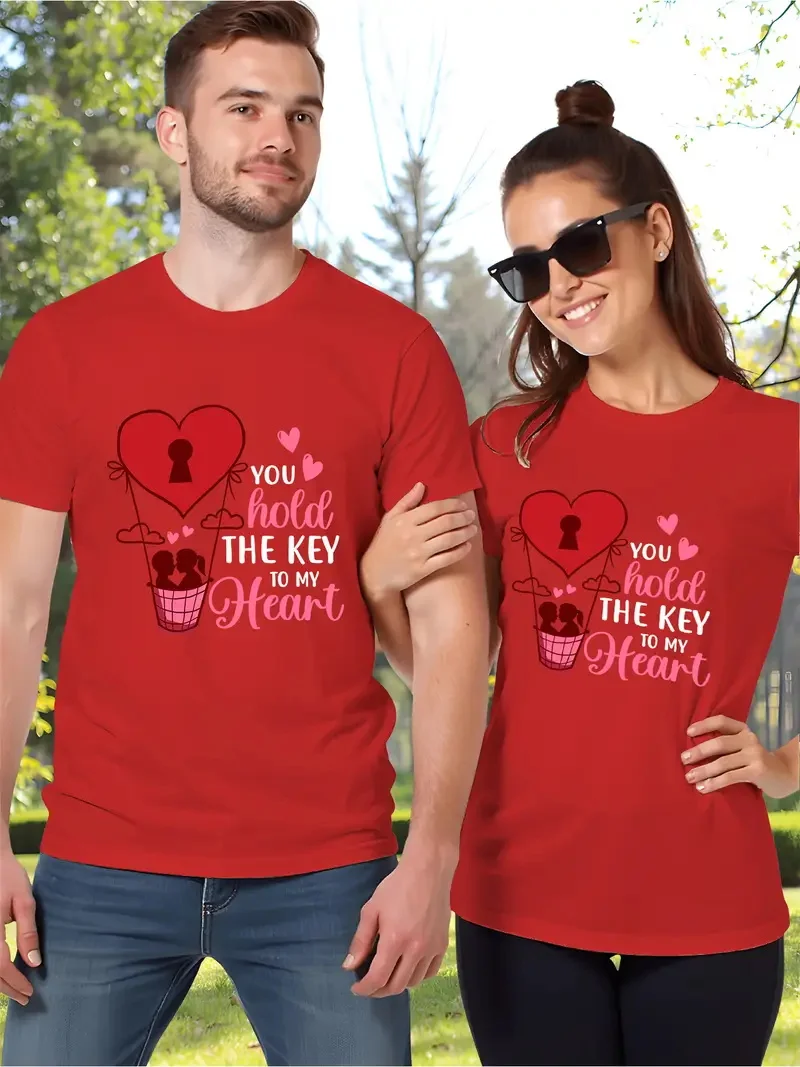 Valentine\'s Day Couples Matching T-Shirts Casual Short Sleeve Crew Neck T Shirt For Men Women New In Couple Elements Print Tees