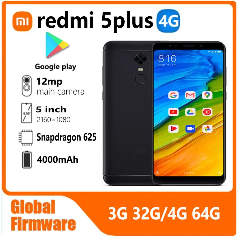Xiaomi Redmi 5 plus Global firmware Smartphone Cellphone 4000mah Dual SIM Fingerprint Recognition Snapdragon 625 used phone
