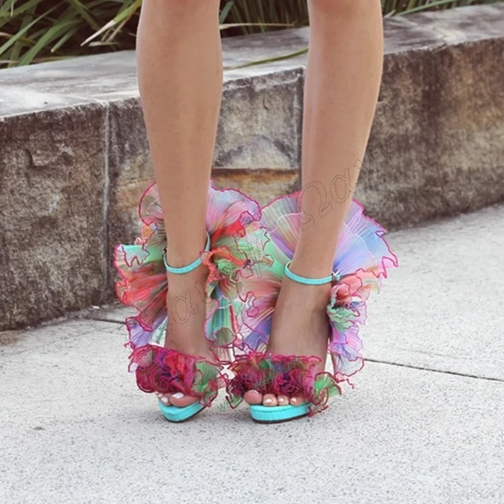 

Mixed Color Air Mesh Pleated Sandals Round Shape Sexy Stilettos Shoes for Women High Heels Shoes New Arrival Zapatos Para Mujere