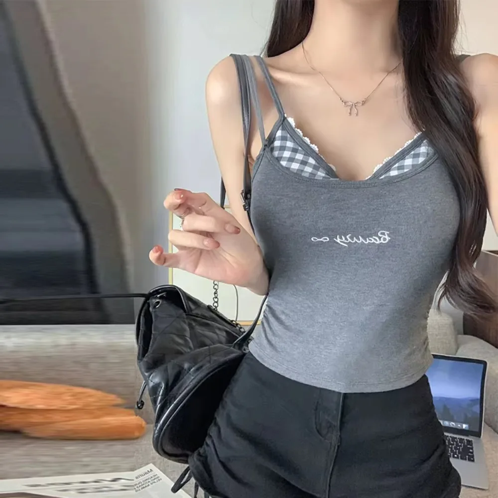 Süßes, würziges, kariertes Camisole-Tanktop mit Gürtel, rückenfreies Baumwoll-Tanktop für Damen mit Spitzenbesatz, schmal geschnittenes Oberbekleidungsstück für den Sommer