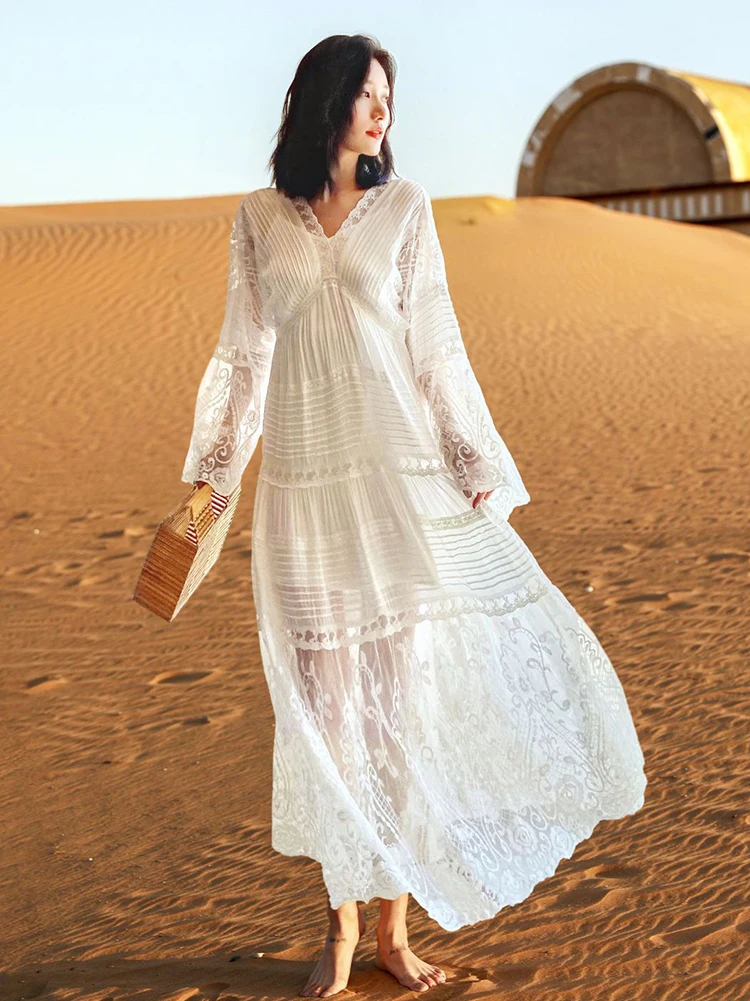 GypsyLady Elegant Lace White Maxi Dress Floral Summer Spring Cotton Fairy V-Neck Long Flare Sleeve Holiday Ladies Female Dresses