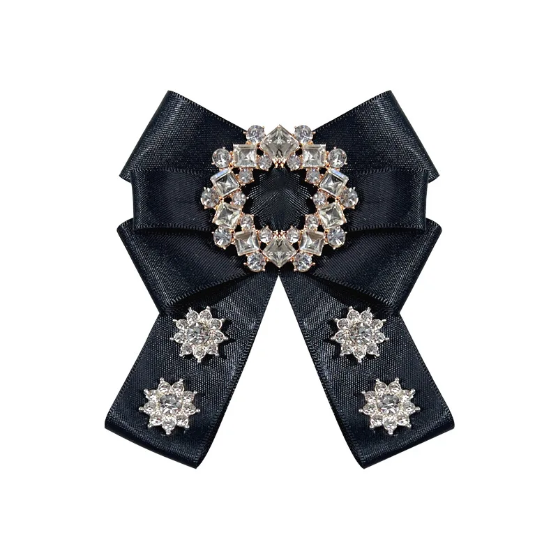 Korean Ribbon Fabric Bow Tie Shiny Rhinestone Flower Brooches Pins Fashion British Style Shirt Corsage Weddding Party Jewelry