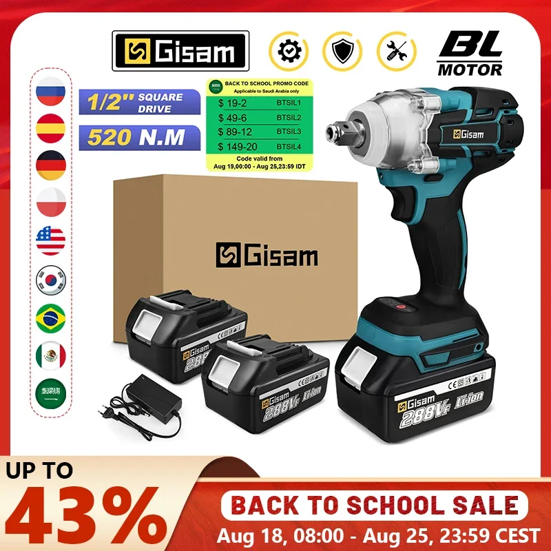 Gisam 520N.M Brushless Electric Impact Wrench Cordless Electric Wrench 1/2 inch for Makita 18V Battery Screwdriver Power Tools