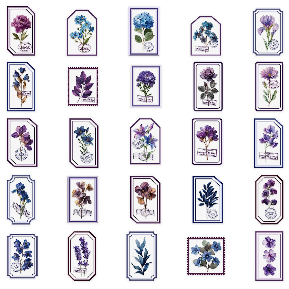 10/30/50pcs Cartoon Purple Flower Stamp Stickers Aesthetic DIY Notebook Phone Guitar Diary Cute Waterproof Graffiti Sticker Pack