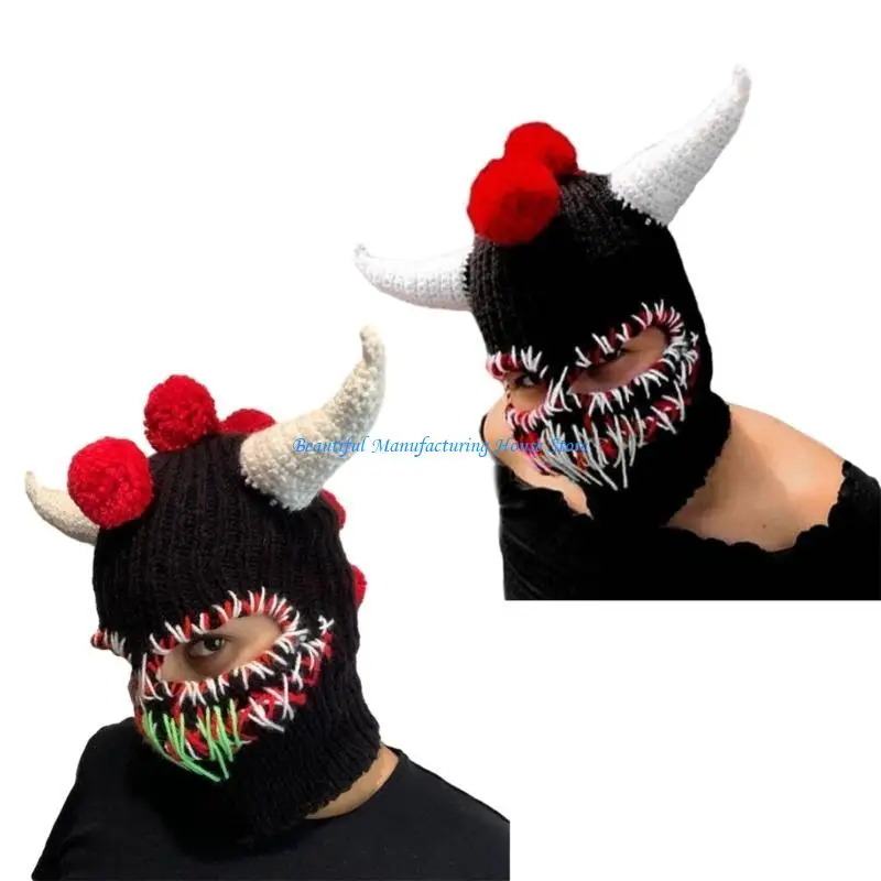 E56A Knit Balaclava Cap Adult Novelty Beanie Hat with Devil Horns Fashion Winter Hat