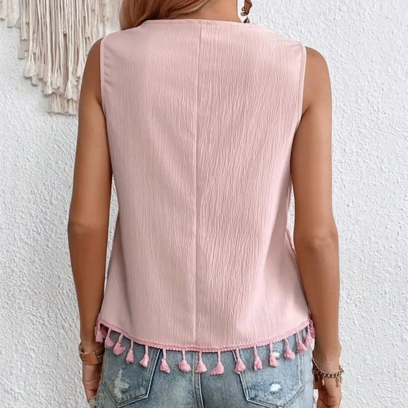 Verano de las mujeres estilo étnico con cuello en V bordado Patchwork inferior bigote chaleco Top Vintage blusa sin mangas camisetas sin mangas 2024