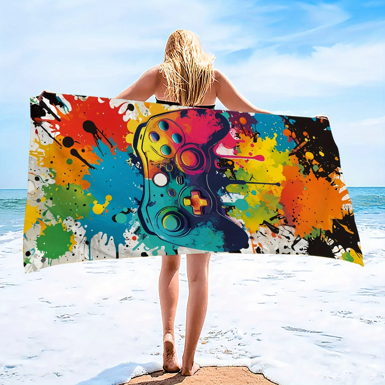 Large Microfiber Quick-Dry Game Controller Beach Towel Suitable for Sand-Repellent Bath Towel with Vibrant Gaming Design