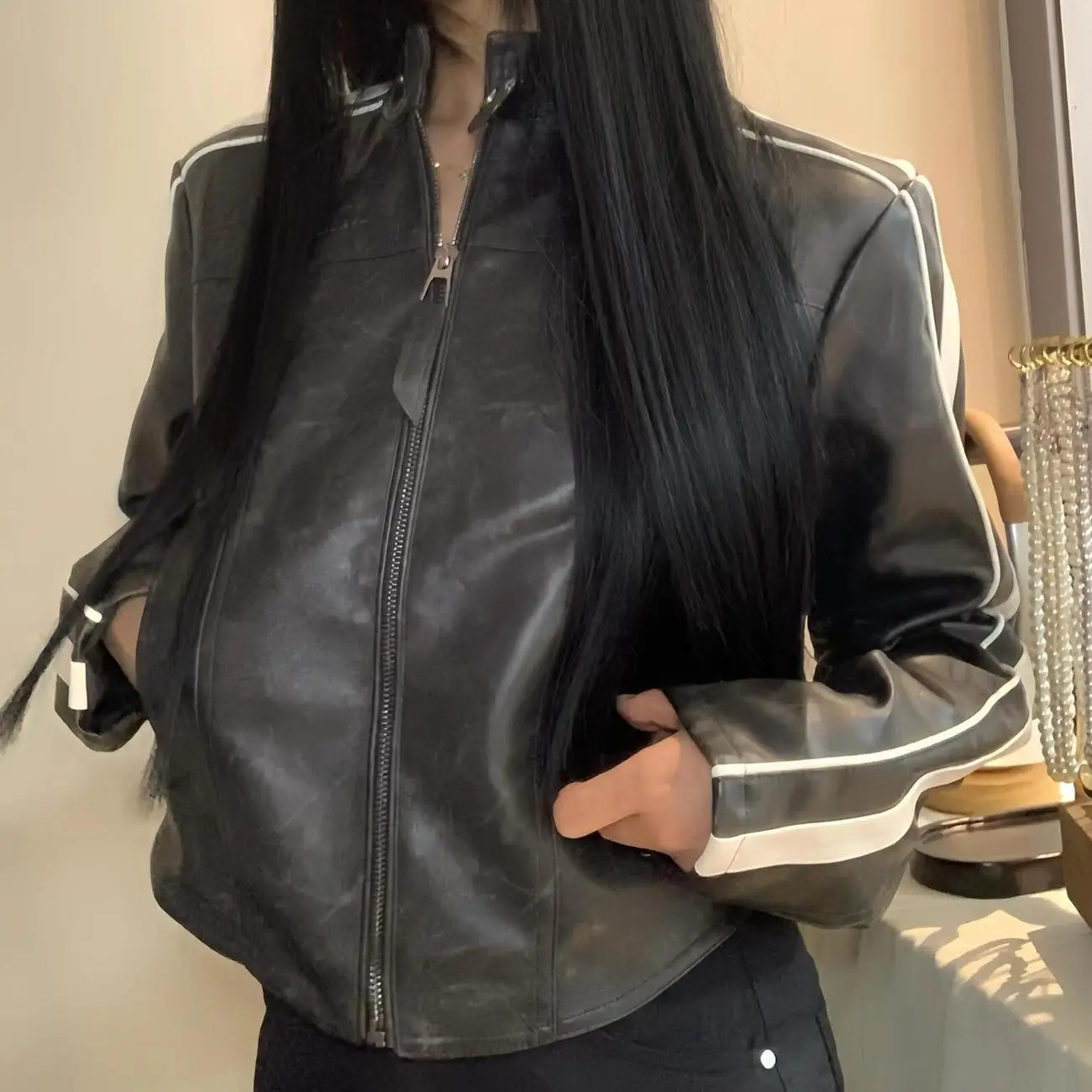 

Fashion Trendy Motorcycle Style Pu Leather Jacket Autumn Winter Short Coat Women Gothic Vintage Punk Streetwear Striped Top