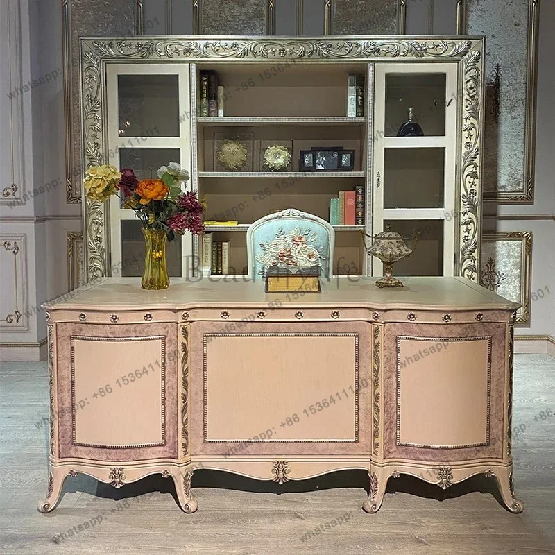 zj. European Classical Solid Wood Carving Flower Dabantai Villa Large Apartment Veneer Parquet Office Bookcase Desk