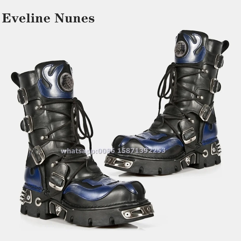 Metal Decoration Cyberpunk Style Motorcycle Boots Round Toe Tank Soled Lace Up Print Mixed Colors Mid-Calf Boots 2024 Retro Punk