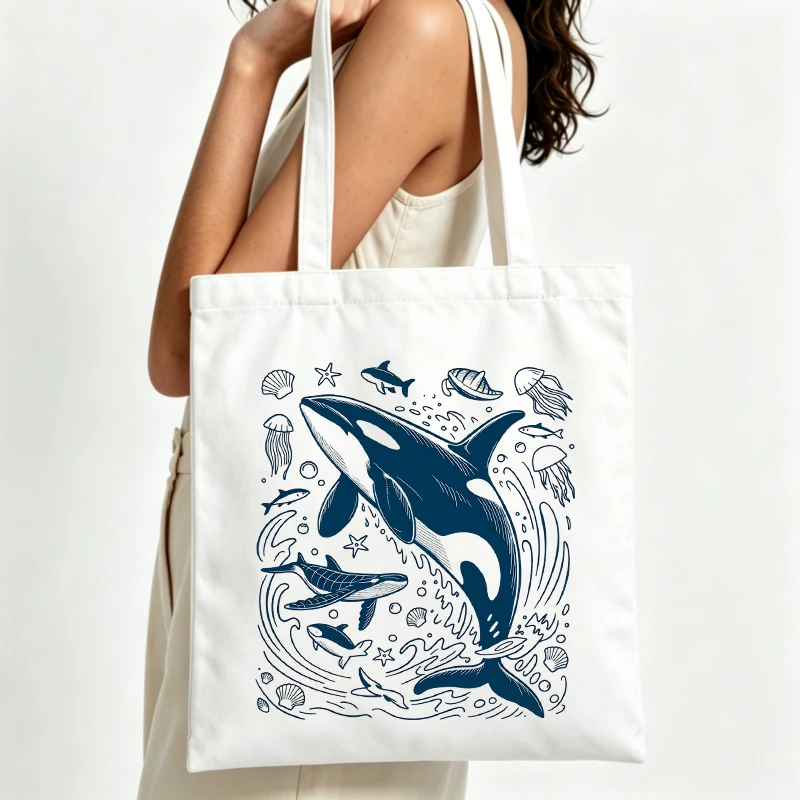 Sac fourre-tout en toile imprimé orca et faunes marines pour femme, style décontracté pour les courses quotidiennes et les sorties estivales