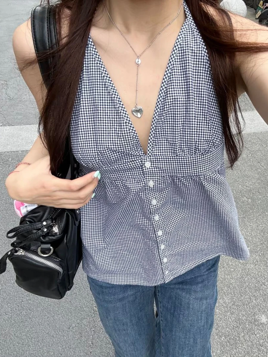 Black Plaid Backless Camisole Woman Summer Single Breasted Back Elastic Band Halter Tank Tops Female Vintage Casual Cotton Vest