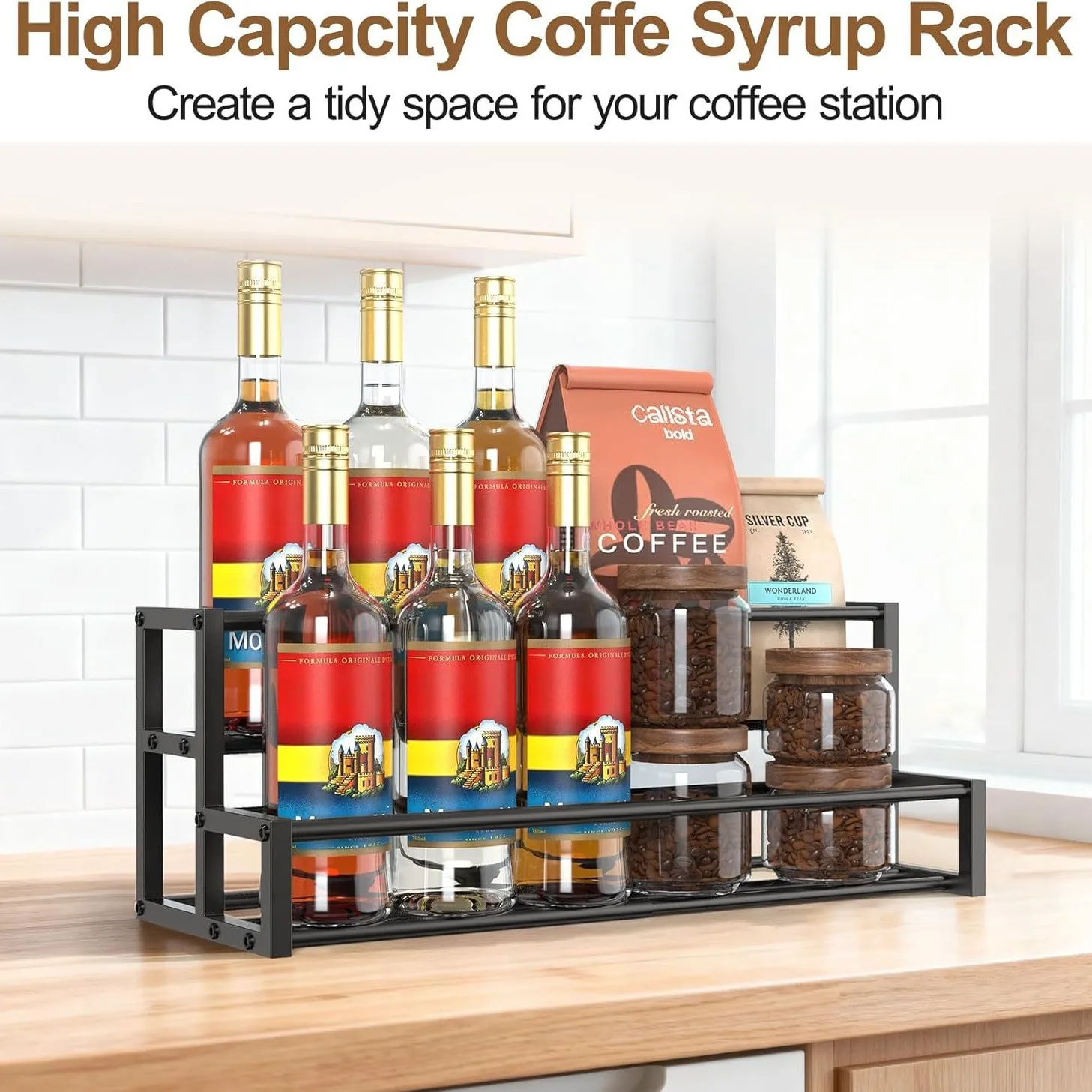 2 Tier Coffee Syrup Bottle Storage Rack Metal Countertop Organizer Holder for Coffee Bar Wine Syrup Jar Display Stand