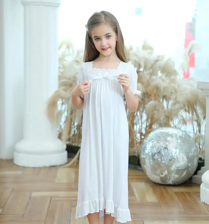 

Girls summer thin lace patchwork pajamas kids cute ruffles Square Collar dress children homeclothes teenage cotton