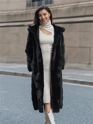 Black Mink Fur Coat Women Long Hooded Warmth Clothing 2023 Winter New Fashion Slim Pockets Faux Fur Jackets Feminina