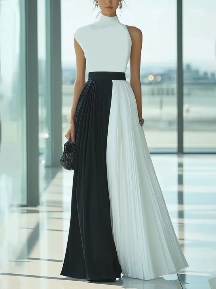 Missuoo 2025 Elegantes Abendkleid für Damen, Stehkragen, ärmellos, plissiert, Maxikleid, Kontrastfarbe, hohe Taille, Brautkleider