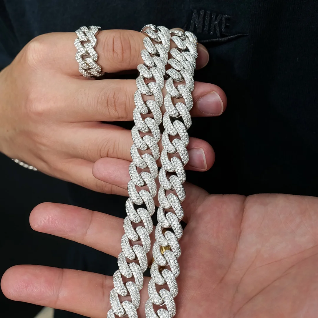 Polished .High Grade Rhodium Arc Style 10mm 925 Silver Full Pave VVS DEF Moissanite Cuban Link Chain HipHop Jewelry Gift