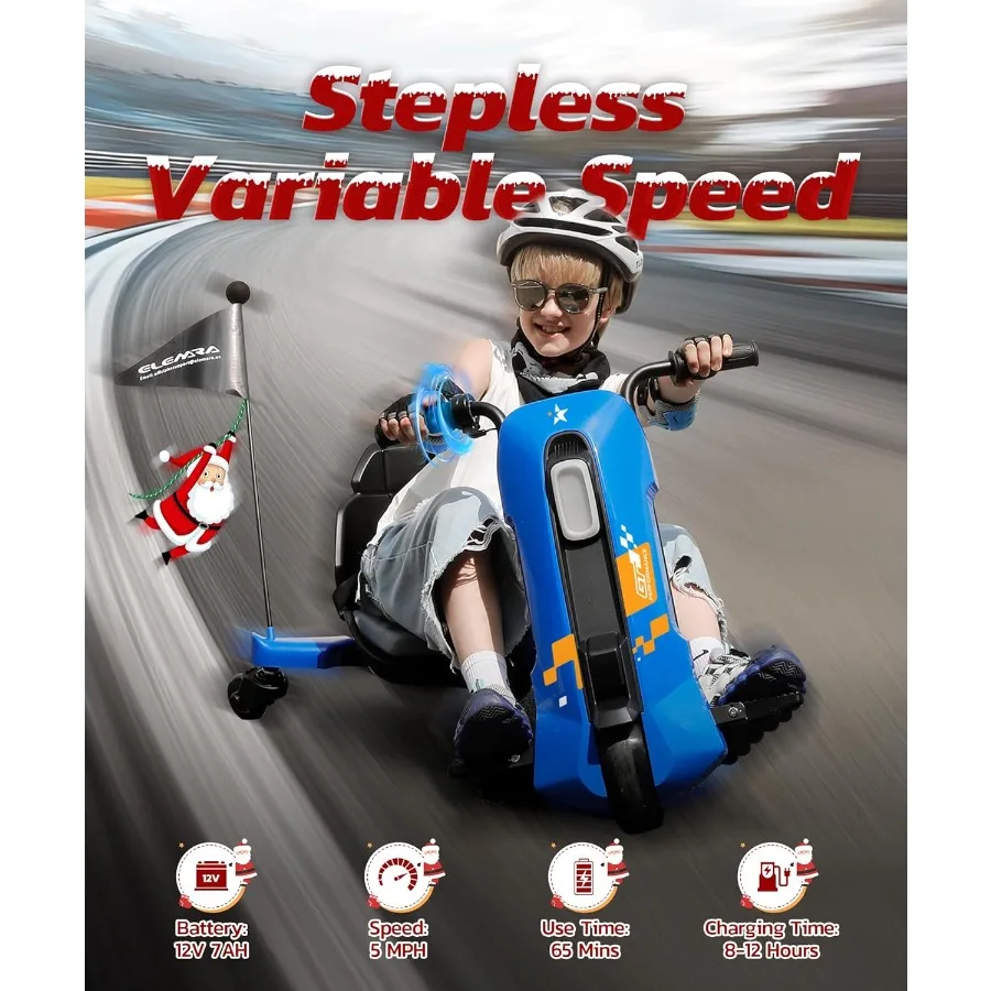 Kart de deriva con velocidad continua, karts de deriva de 12V para asiento ajustable, Go Kart de 5 MPH con música, banderín de luz Bluetooth