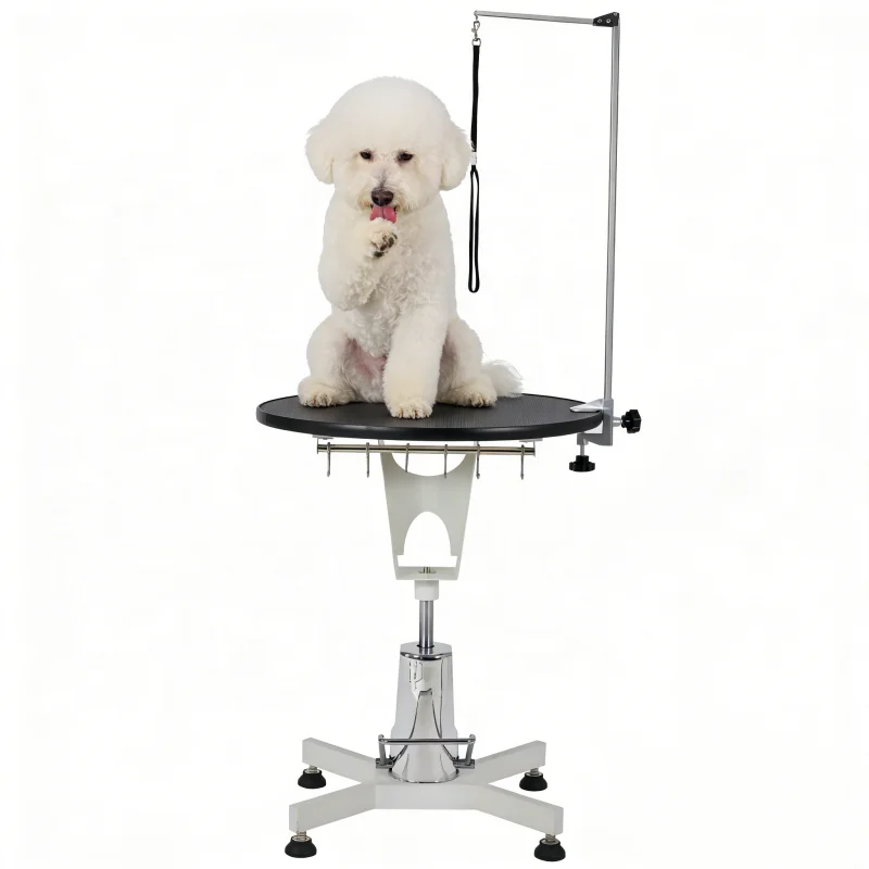 ！@USMILEPET Round Hydraulic Lift Pet Grooming Table with Single Arm Dog Grooming Table with Rubber Tabletop for Pet Salon