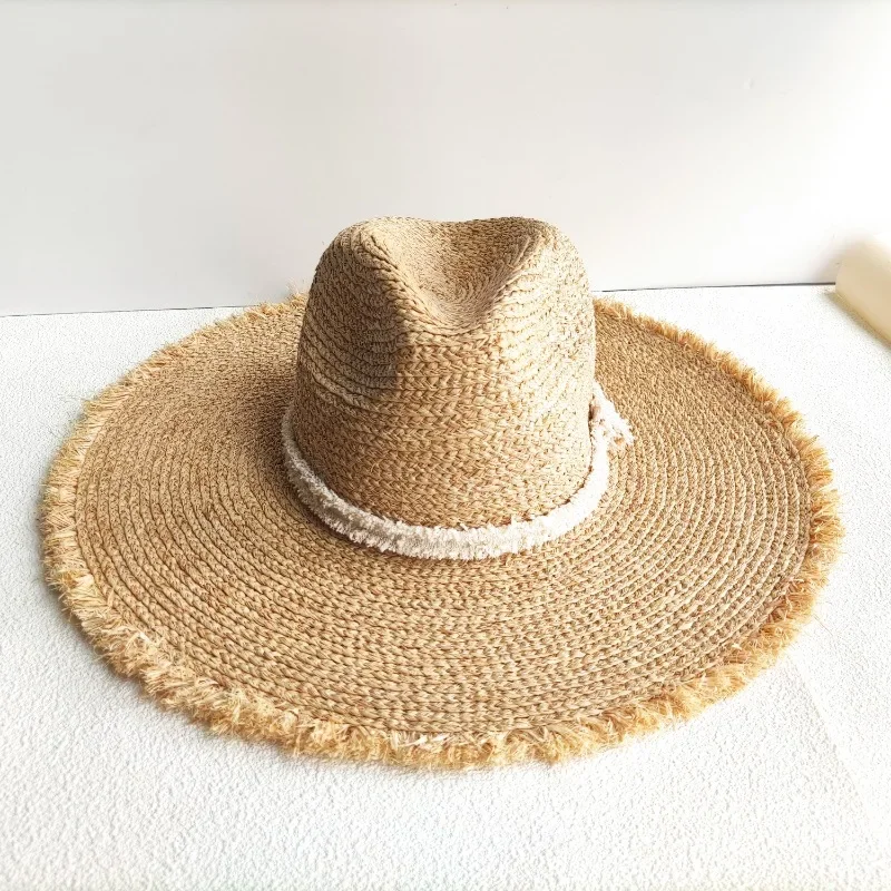 Women's Premium Sense Natural Raffia Straw Hat Large Brim Sweet Fur Edge Sun Hat Breathable Comfort Beach Hat Travel Holiday Cap