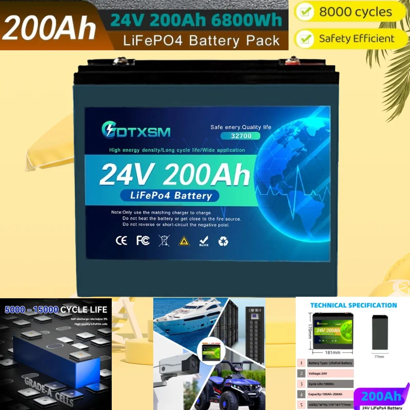 

2025 100%New 32700 24V 200Ah lithium iron phosphate battery Built-in 100A BMS,for Solar Marine Overland Off-Grid LiFePo4 Battery