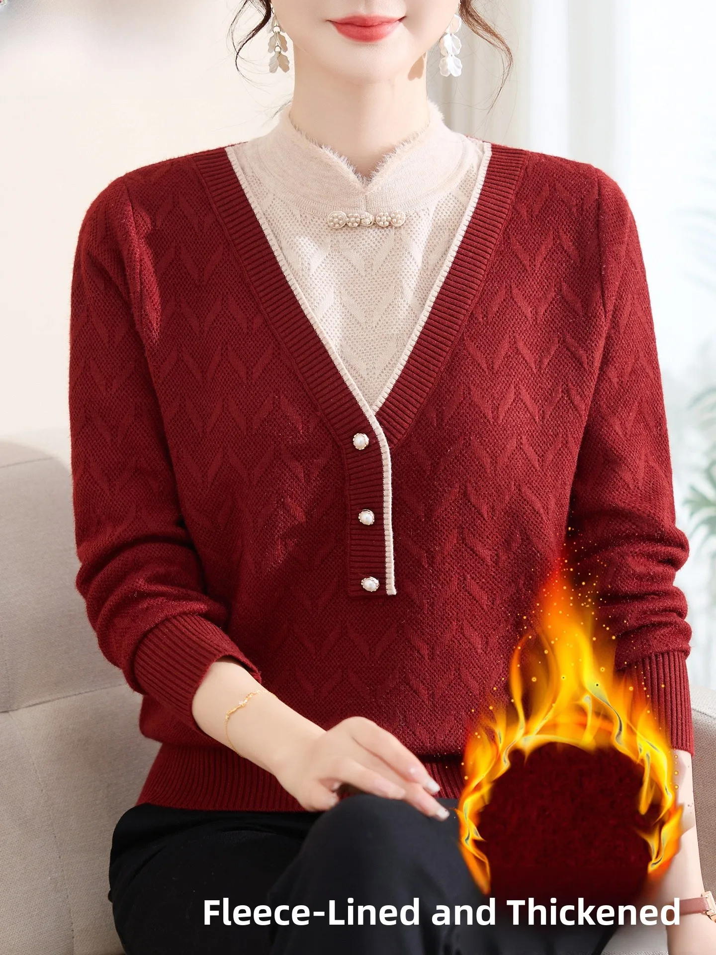 

Новый китайский женский утепленный вязаный свитер на флисовой подкладке, зимняя одежда, теплый базовый слой для женщин среднего и старшего возраста