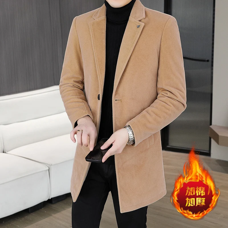 

Высококачественный зимний новый стильный однотонный мужской плащ средней длины, модный и крутой шерстяной плащ из золотой норки с хлопком