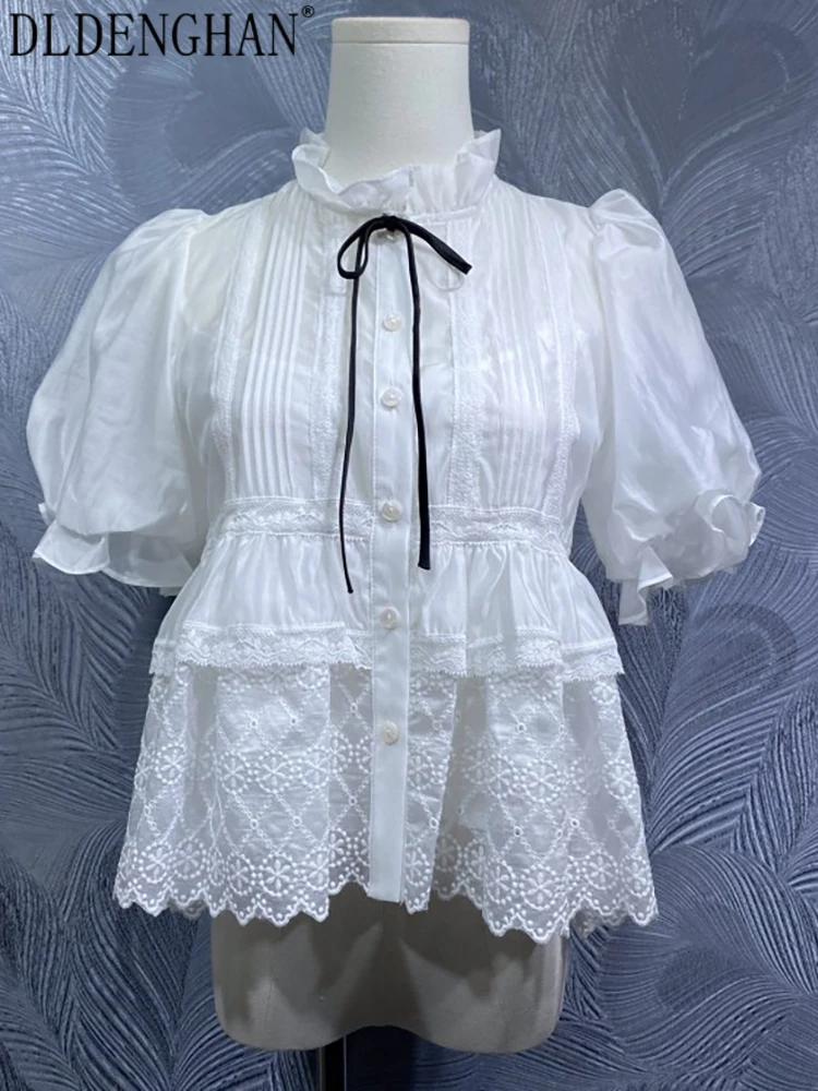 

DLDENGHAN Women's Stand Collar Short Sleeve Single Breasted Embroidery Vintage Tops Summer Fashion Female