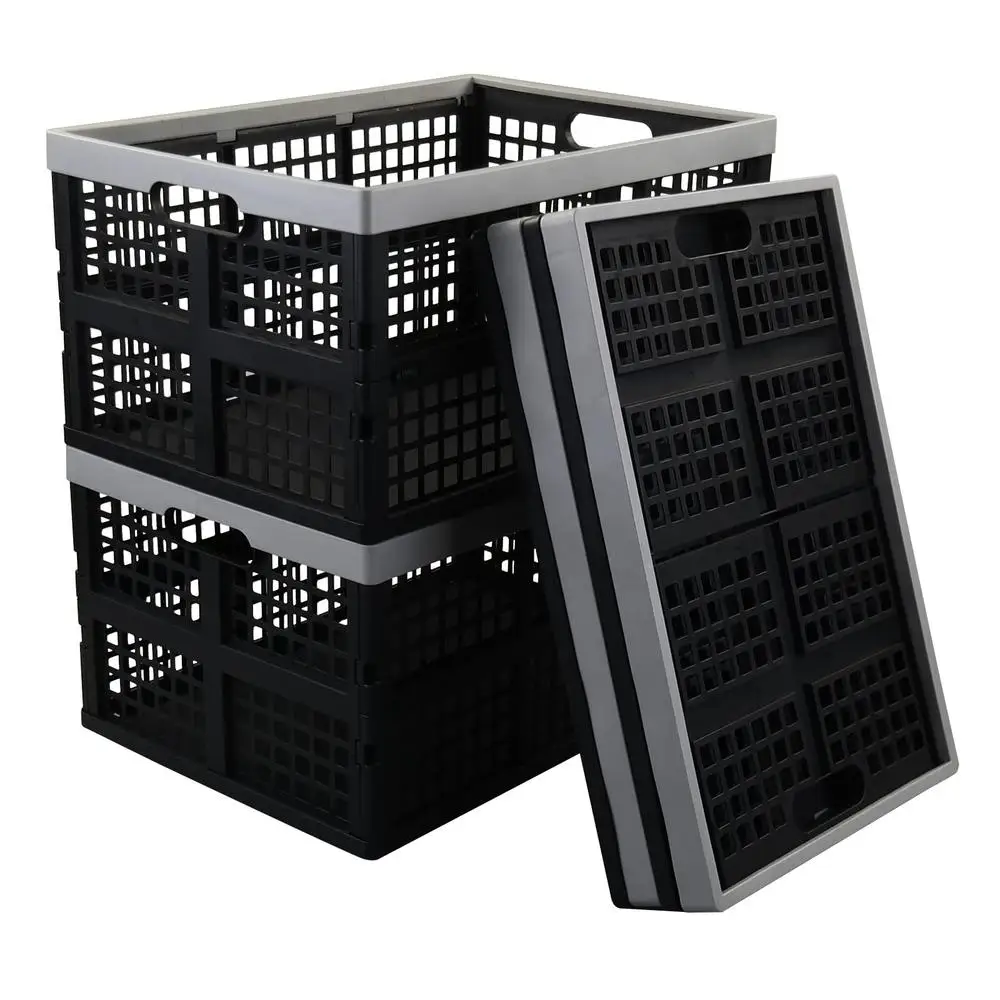 Multifunctional Stackable Foldable Plastic Storage Basket Set of 4 Black Stationery Books Snacks Toys Home Office Garage