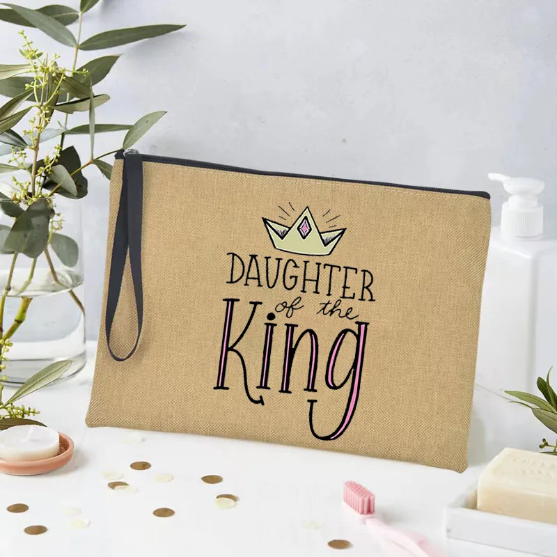 2023 Fashion Font Daughter of The King Linen Cosmetic Pouch Travel Lipstick Bag Women's Necessaries Toiletry Bag Pencil Case